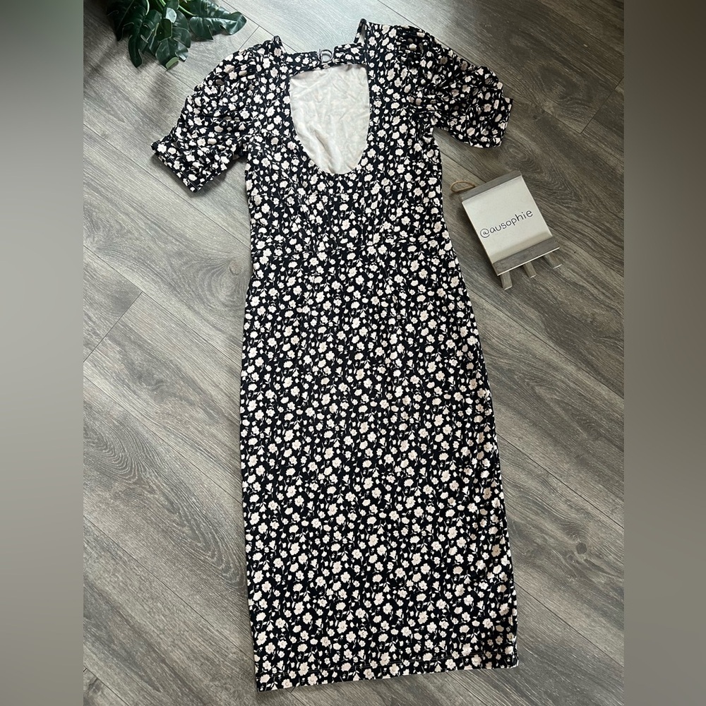Free People Rosie Stretch Knit Floral Puff Sleeve Cutout Midi Dress. Size M - Picture 9 of 15